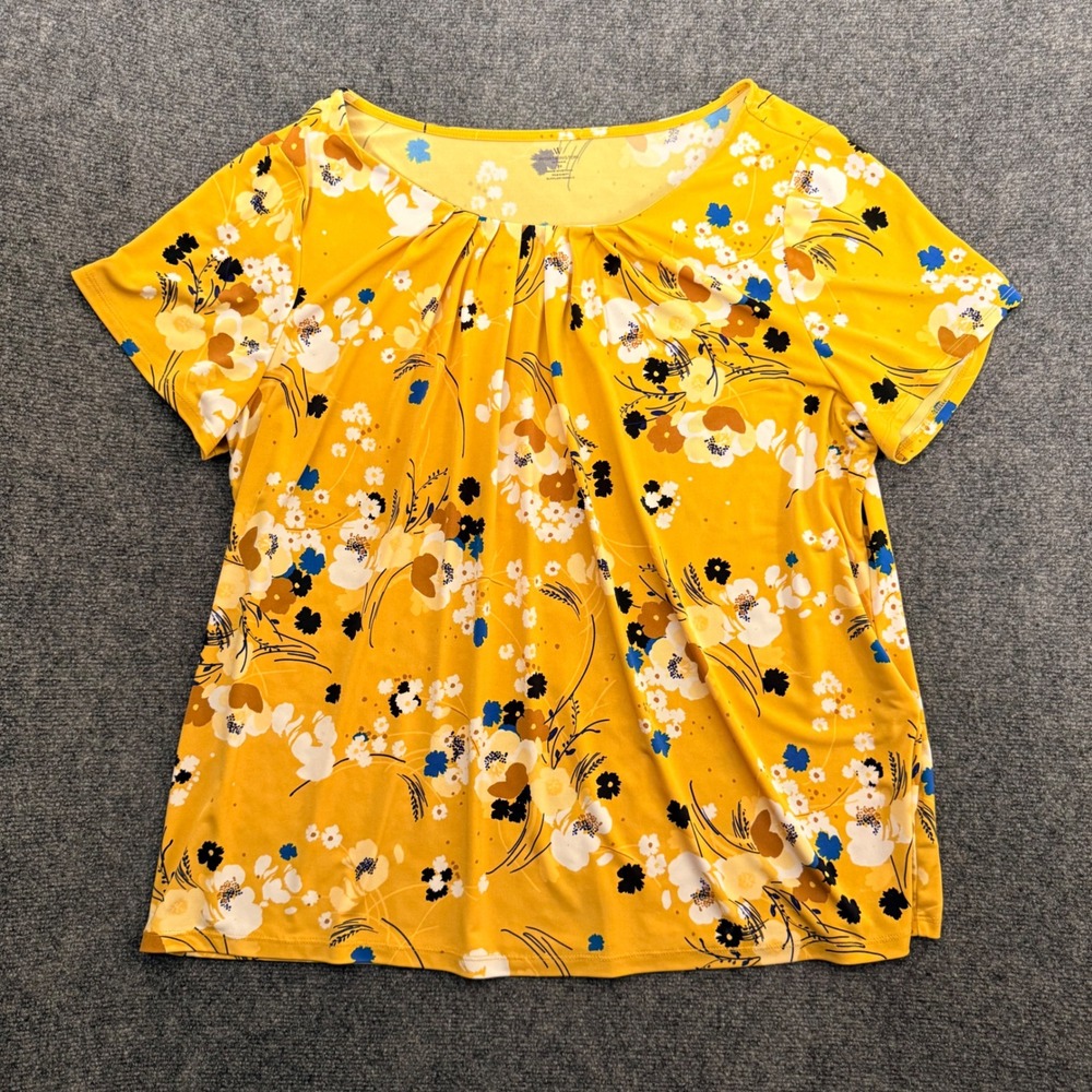 Worthington Woman 2X Yellow Floral Short Sleeve Pleated Scoop Neck Top